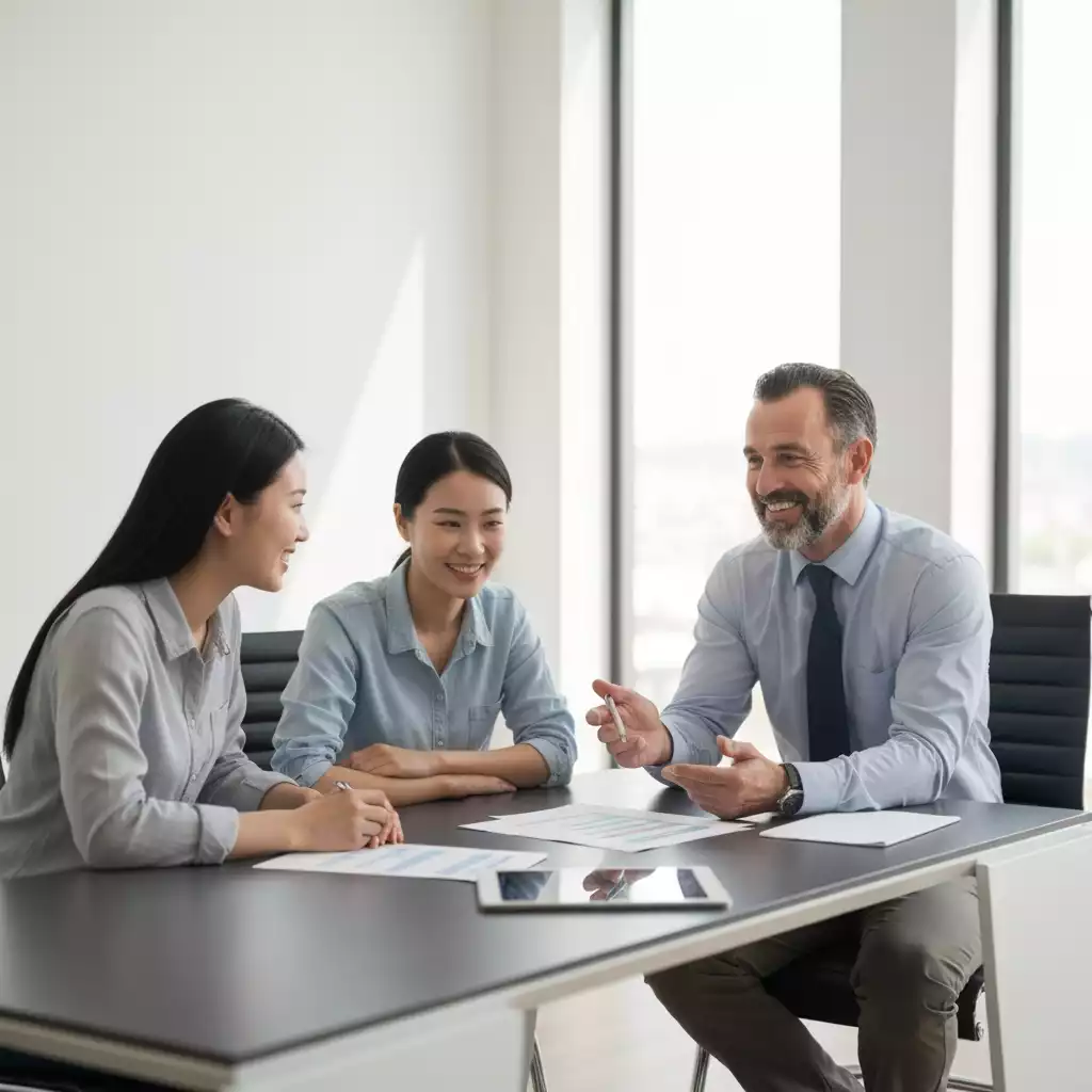 Mortgage professional explaining terms to a couple, with documents and a tablet on the table