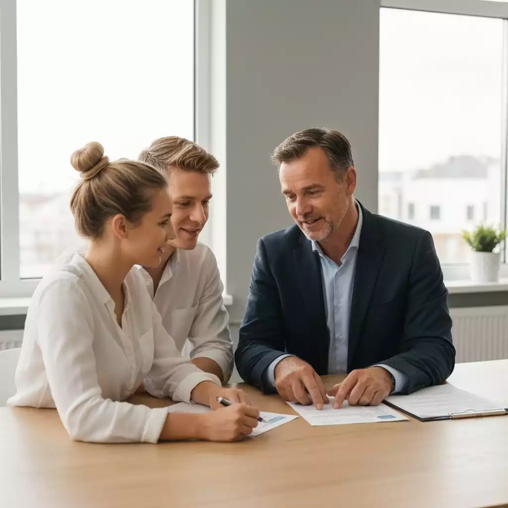 Couple discussing mortgage documents with a consultant