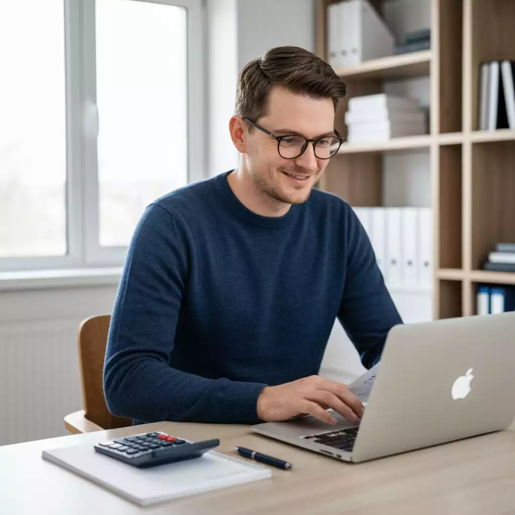 Person using a laptop to review financial documents and a credit report, in a modern home office setting
