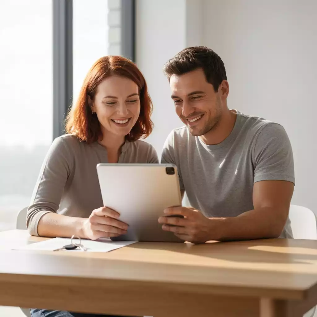 Happy couple reviewing home buying documents on a tablet, with house keys on a table