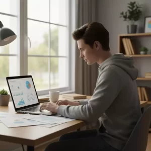Young person analyzing financial charts on a laptop at a home office desk, morning light through a window.