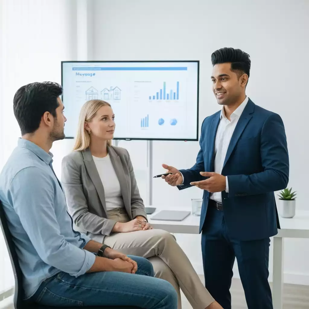 Financial advisor discussing mortgage options with a couple, highlighting personalized insights