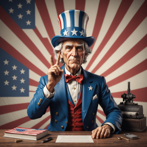 Uncle Sam dressed patriotically, sitting at a desk with a stern expression, pointing upwards against an American flag backdro