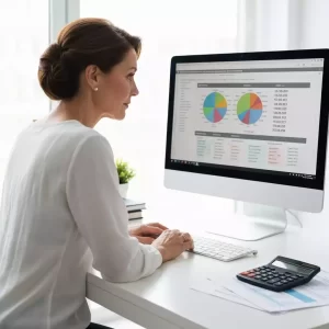 Woman analyzing charts on computer at desk, calculator and notepad nearby, focused on data analysis in bright office.