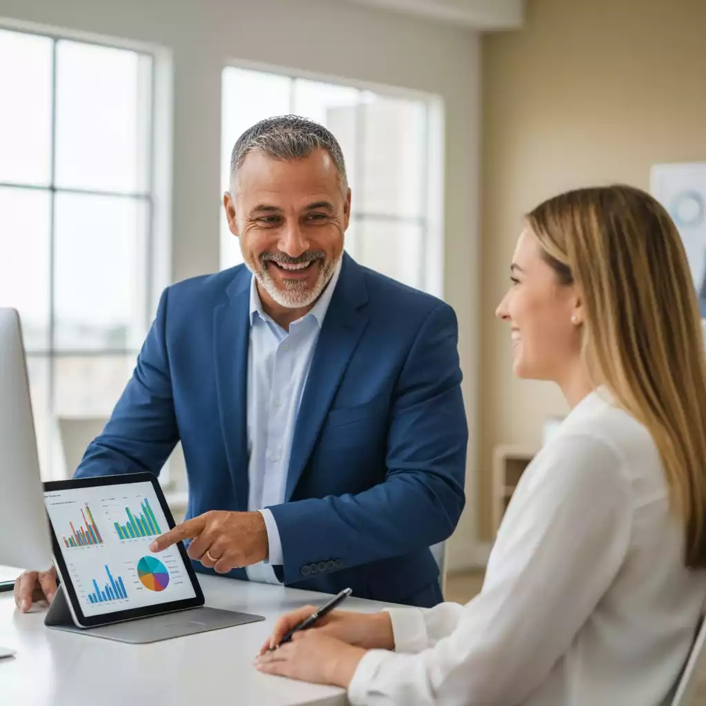 Financial advisor discussing a cash-out refinance with a homeowner, pointing at a tablet with charts, professional setting