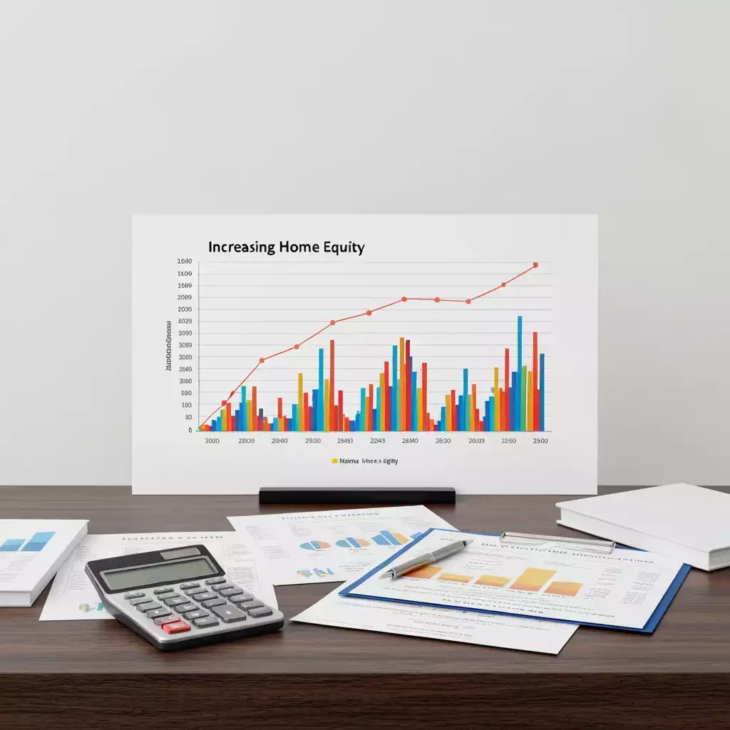 Graph illustrating increasing home equity over time, with financial documents and a calculator