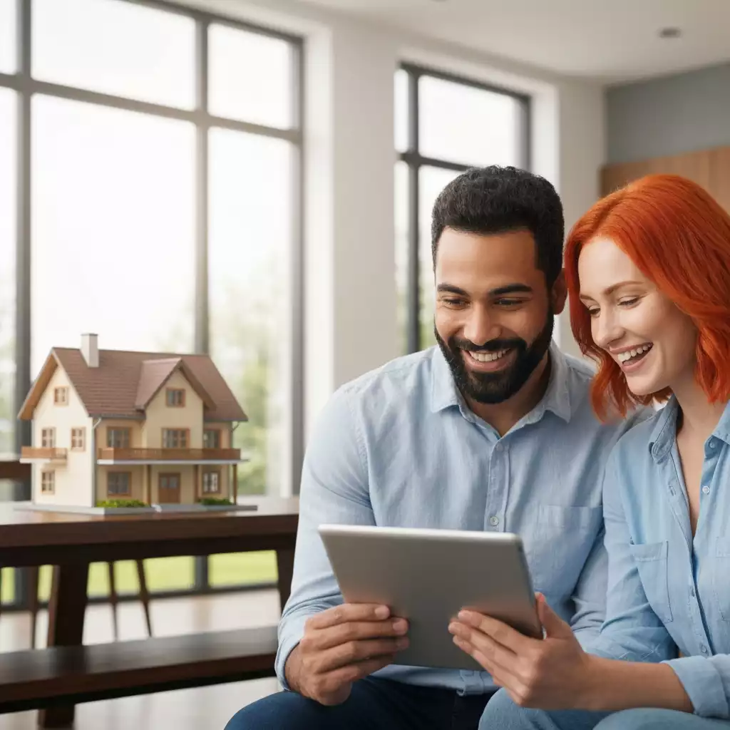 Happy couple reviewing mortgage documents on a tablet with a house model in the background