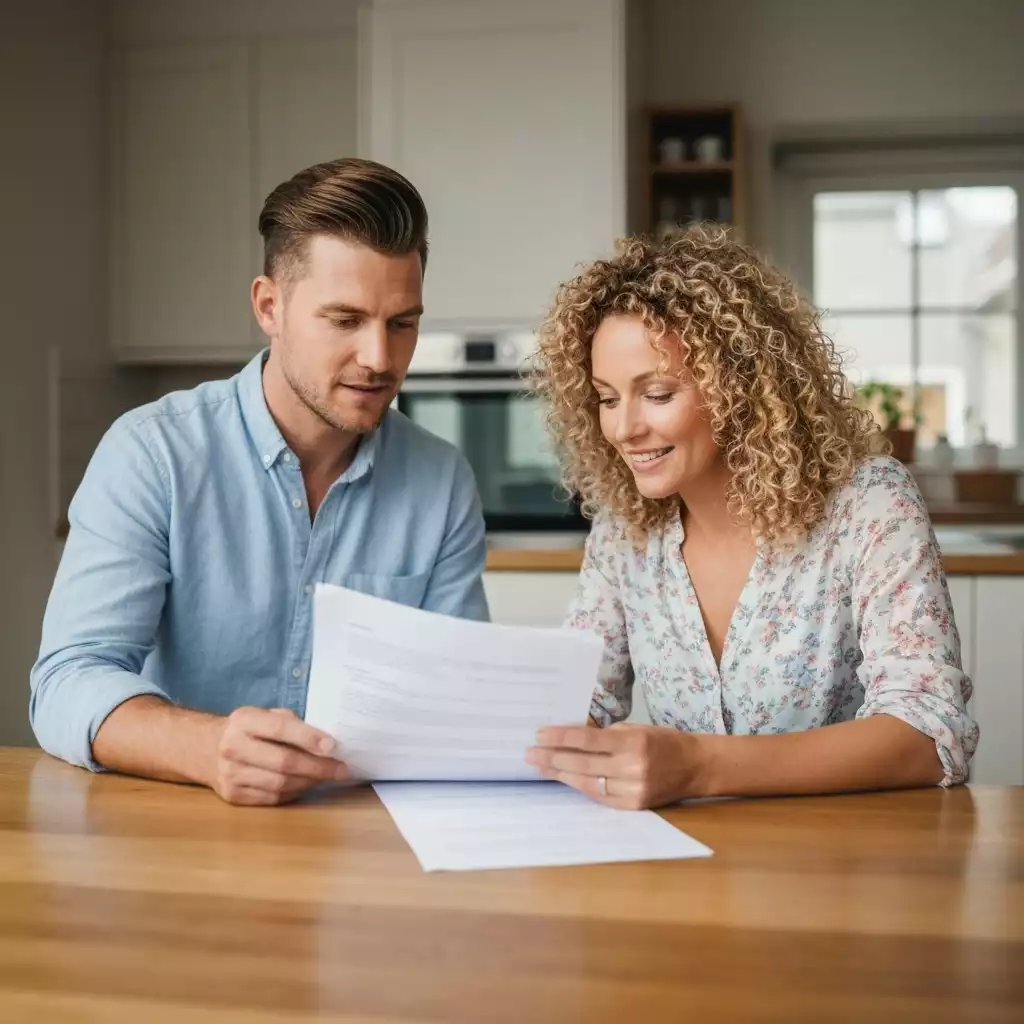 Couple reviewing mortgage documents at home