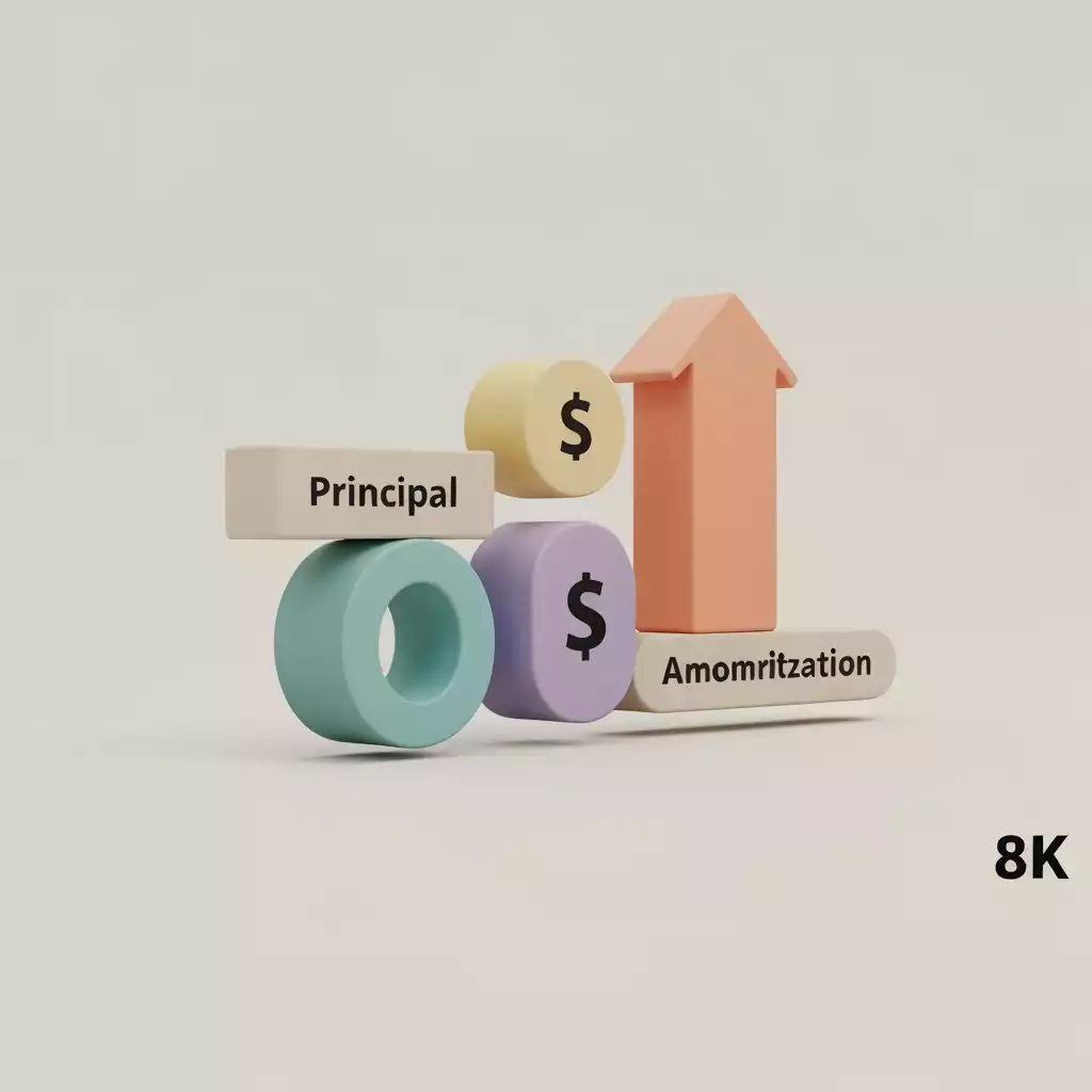 Stylized graphic representing mortgage components: principal, interest, and amortization