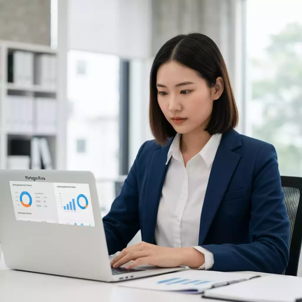 Person comparing mortgage rates on a laptop, with graphs and charts in the background