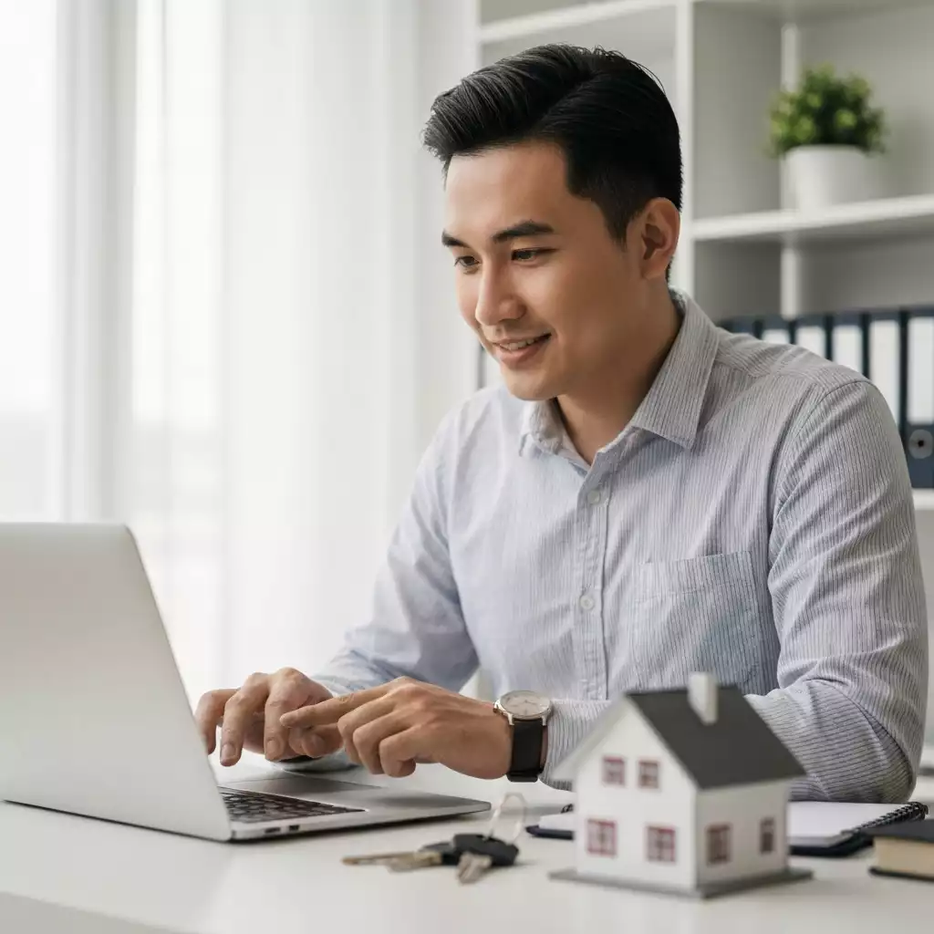 Person using a mortgage calculator on a laptop, with home keys and a small house model on the desk, bright and clean environment, no text, no words, no typography, 8K