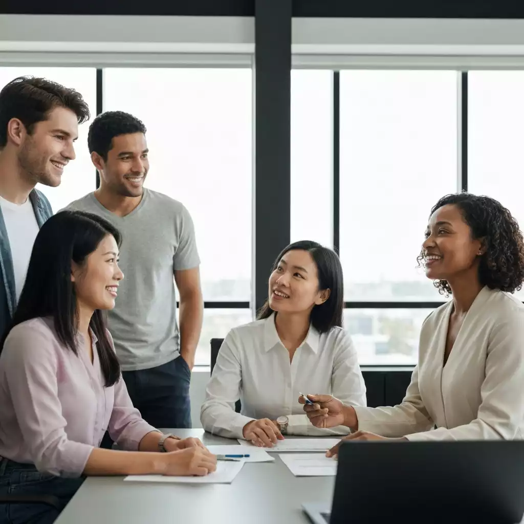 Diverse group of people discussing loan options with a mortgage advisor, friendly and professional setting