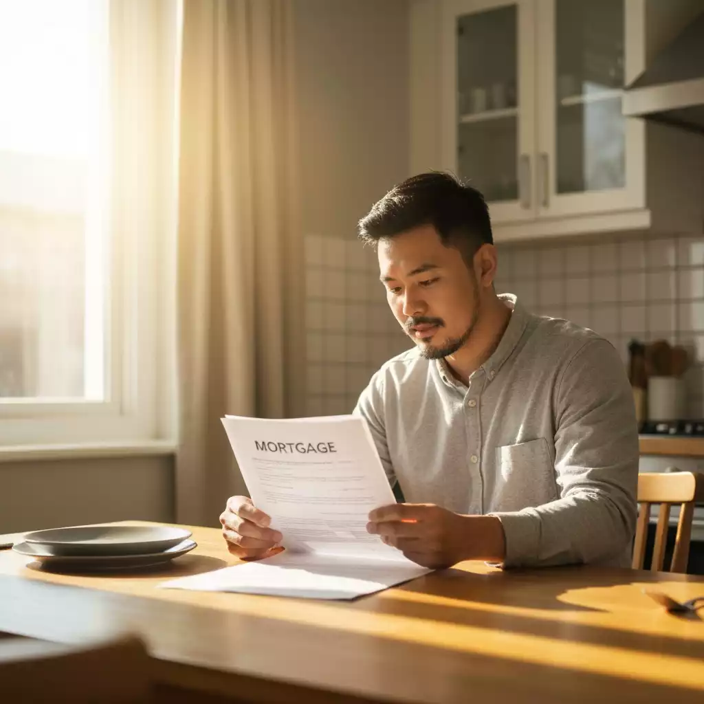 Homeowner reviewing mortgage documents at a kitchen table, sunlight streaming in, no text, no words, no typography, clean image