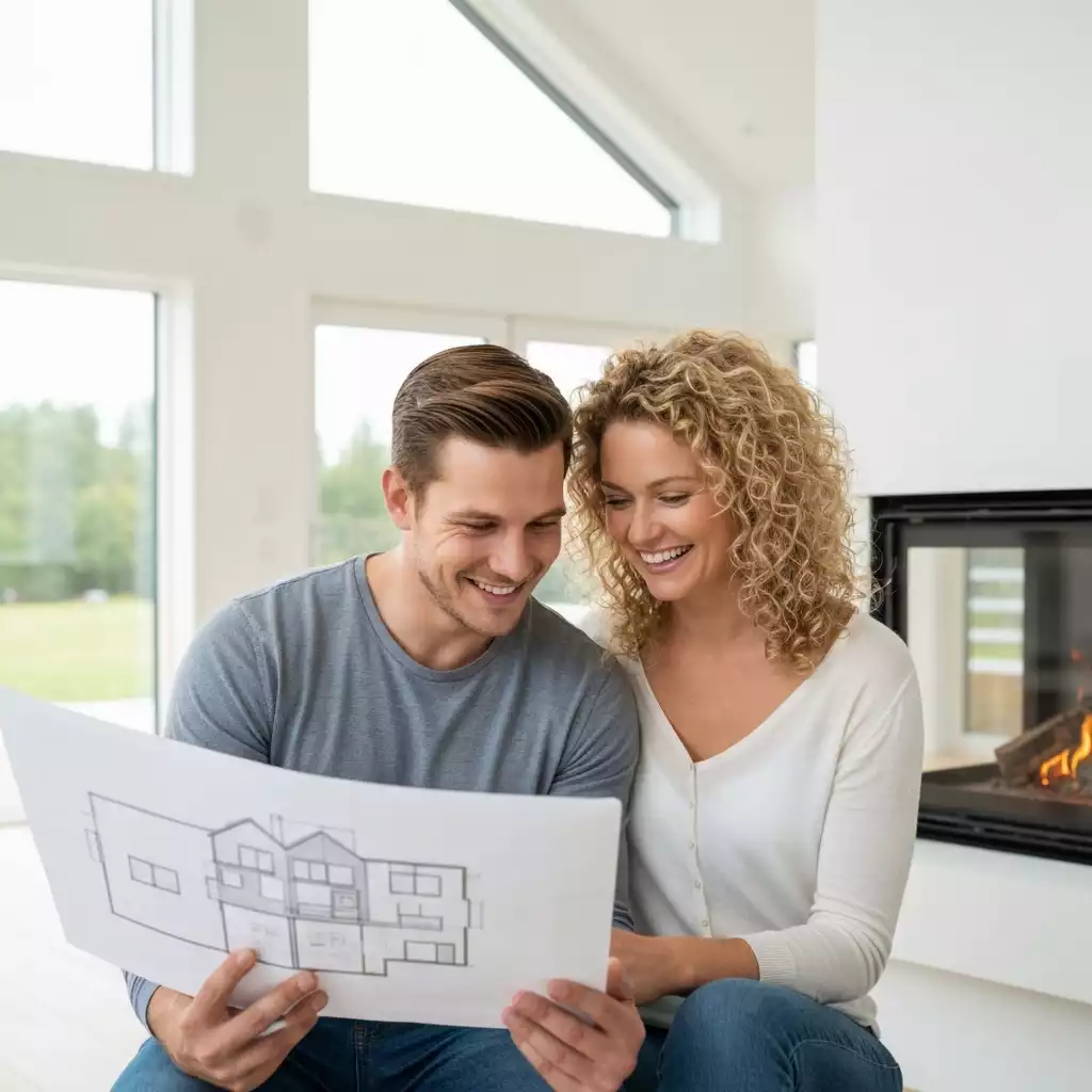 Happy couple looking at house plans, symbolizing home buying options