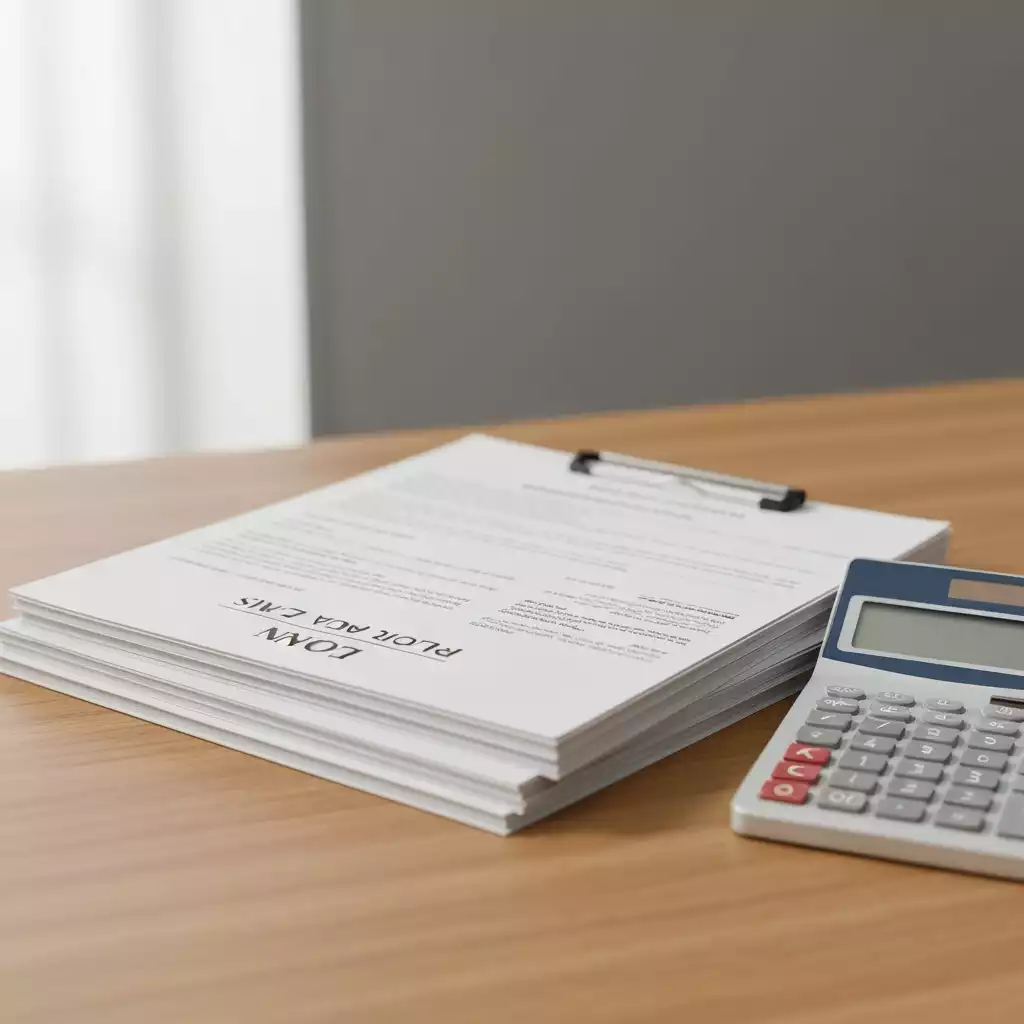 Stack of financial documents and a calculator on a clean wooden desk, symbolizing preparation for loan application, no text, no words, no typography, 8K