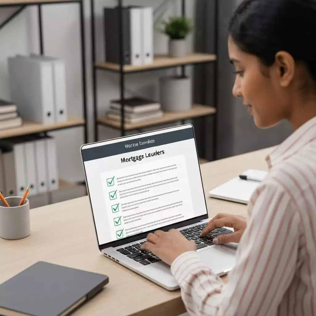 Person using a laptop to research mortgage lenders, with a checklist on the screen