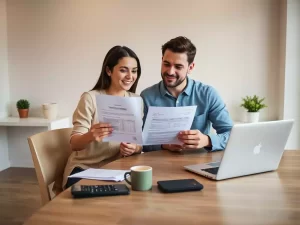 Happy couple reviewing financial documents together at a table with a laptop, coffee, and calculator in a cozy setting.