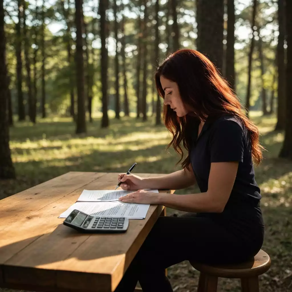 Person reviewing mortgage documents with a pen and calculator on a wooden desk, symbolizing careful planning.