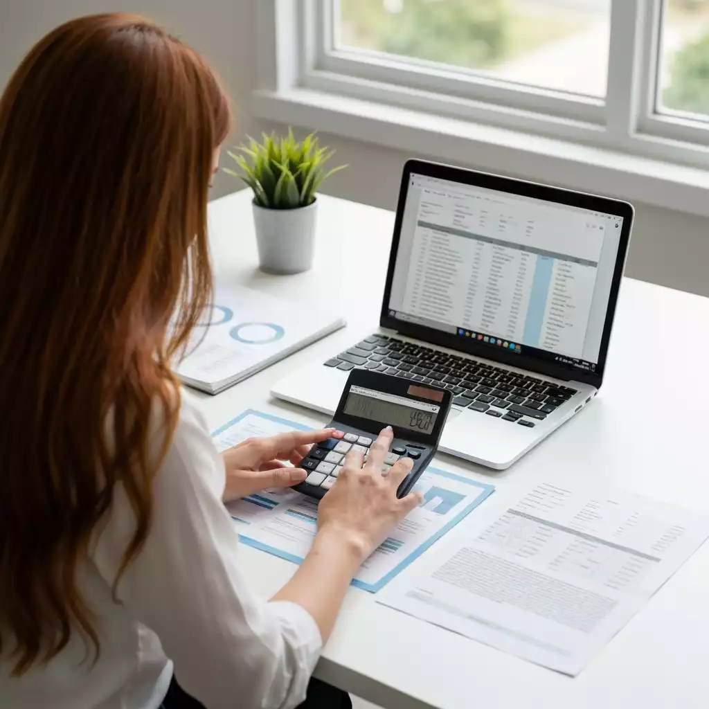 Person using an online calculator to determine refinance costs, with financial documents and a laptop on a desk