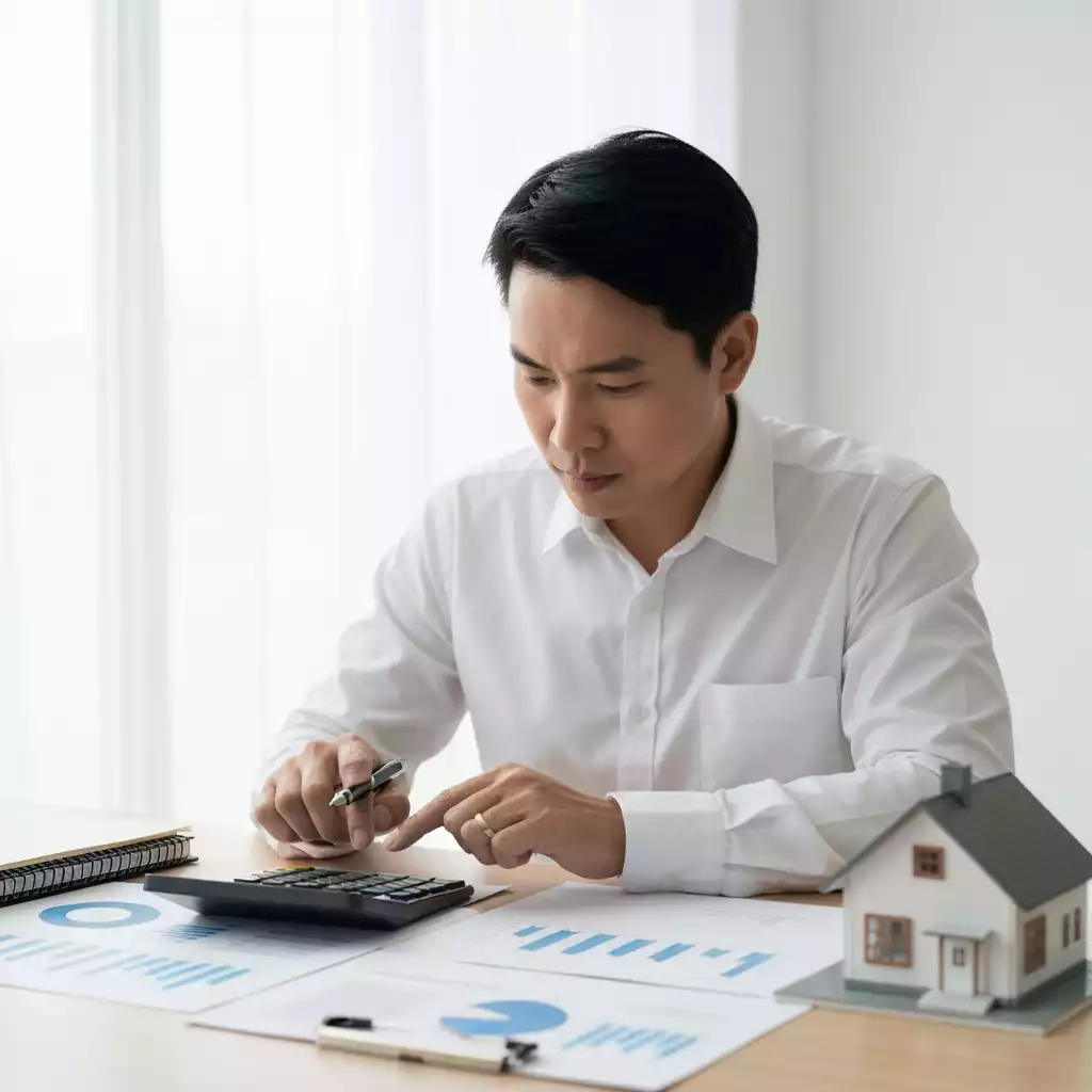 Person using a mortgage calculator on a tablet, surrounded by financial documents and a house model, no text, no words, no typography, 8K
