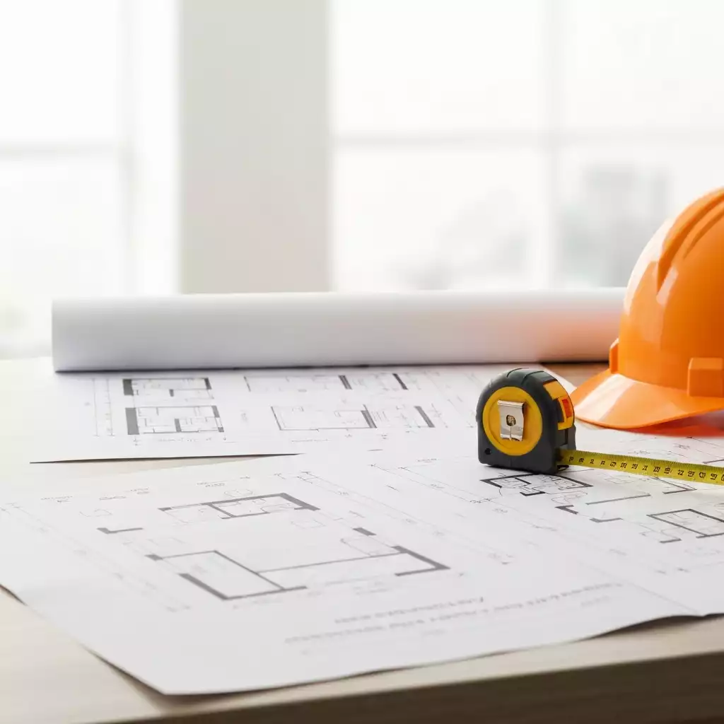Architectural drawings and renovation plans on a table with a tape measure and hard hat, symbolizing home improvement