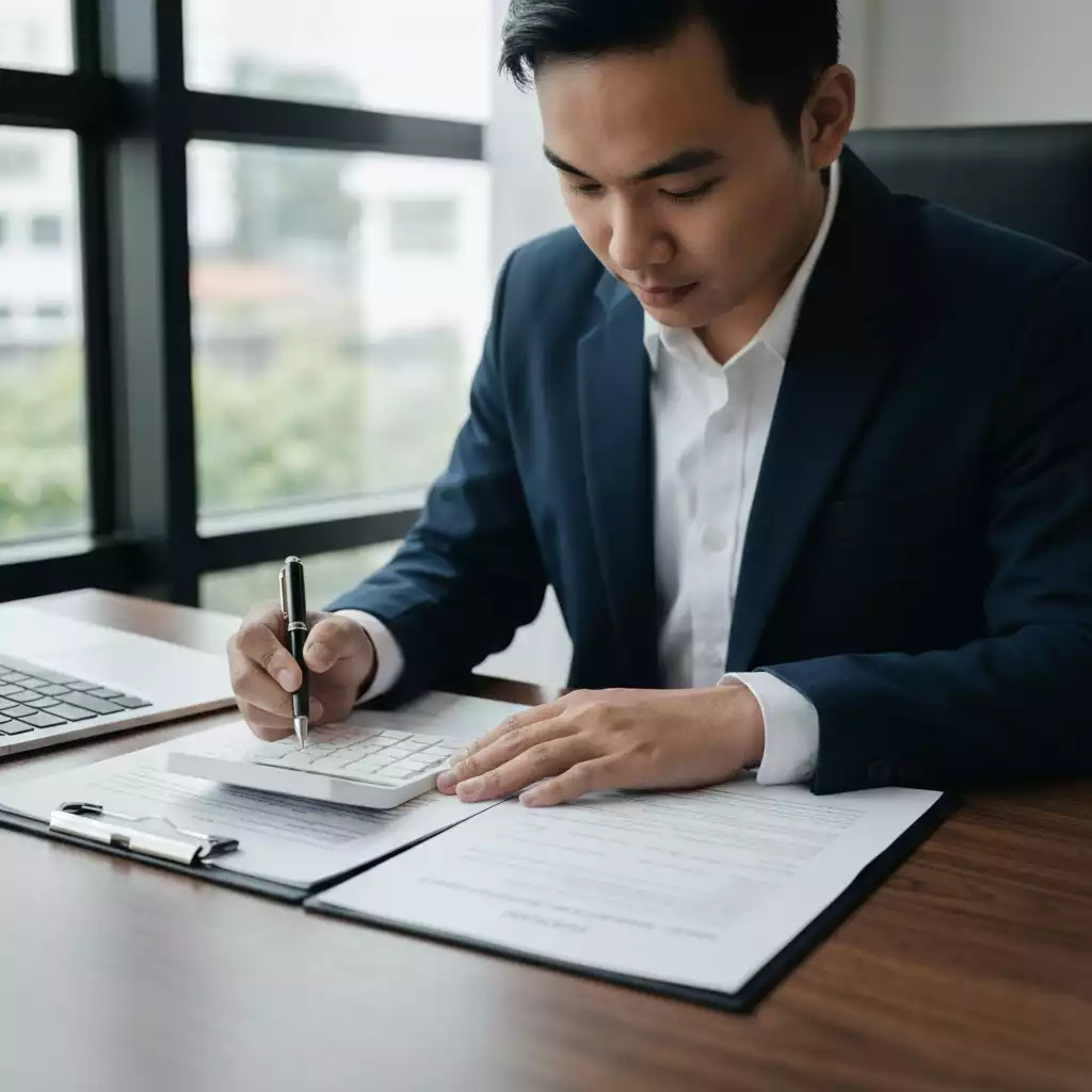 Person reviewing FHA 203(k) loan documents with a pen and calculator on a modern desk