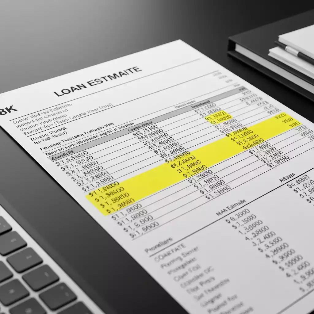 Close-up of a Loan Estimate document with financial figures and terms highlighted, on a clean desk.