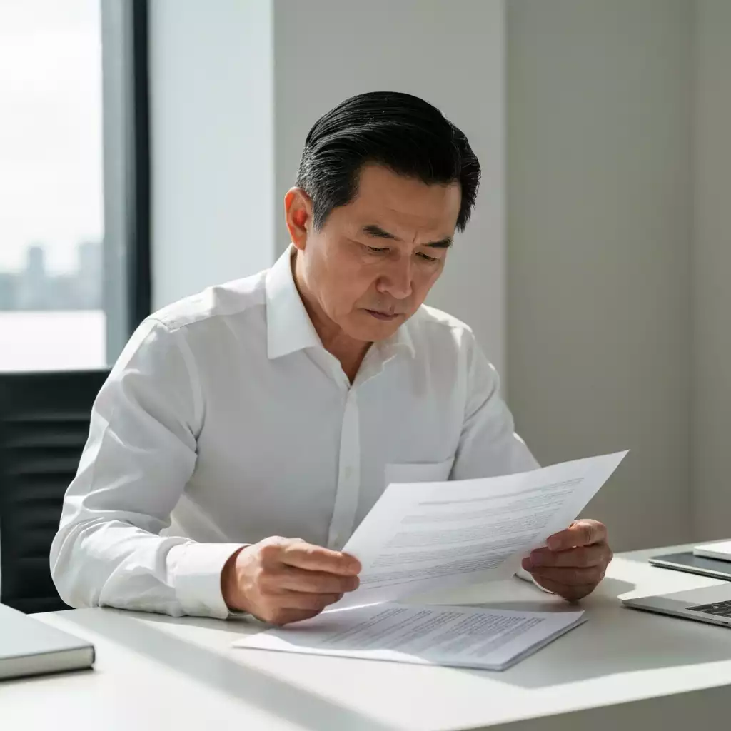 Person reviewing mortgage documents at a desk, looking thoughtful