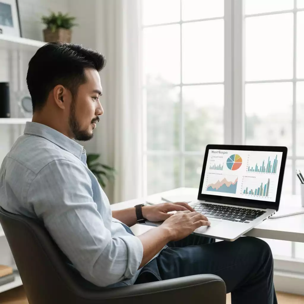 Person using a laptop with mortgage charts and graphs on screen