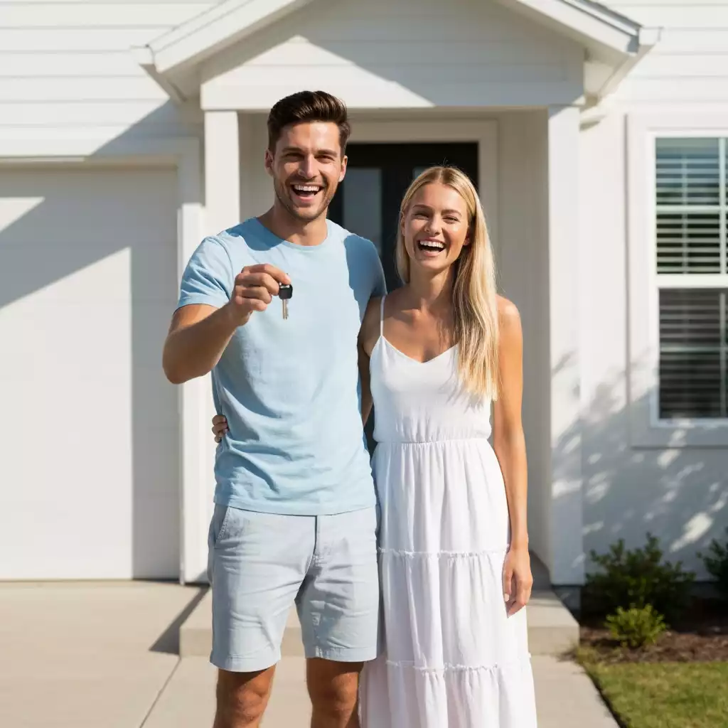 Young couple happily holding keys in front of a new home