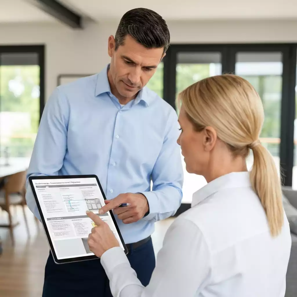 Professional home inspector reviewing a detailed report with a homeowner
