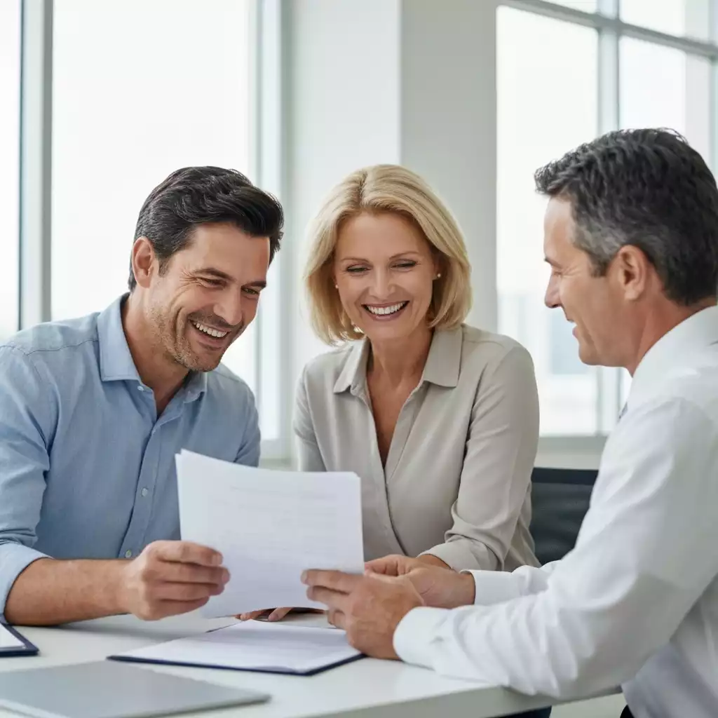 Happy couple reviewing loan documents with a financial advisor