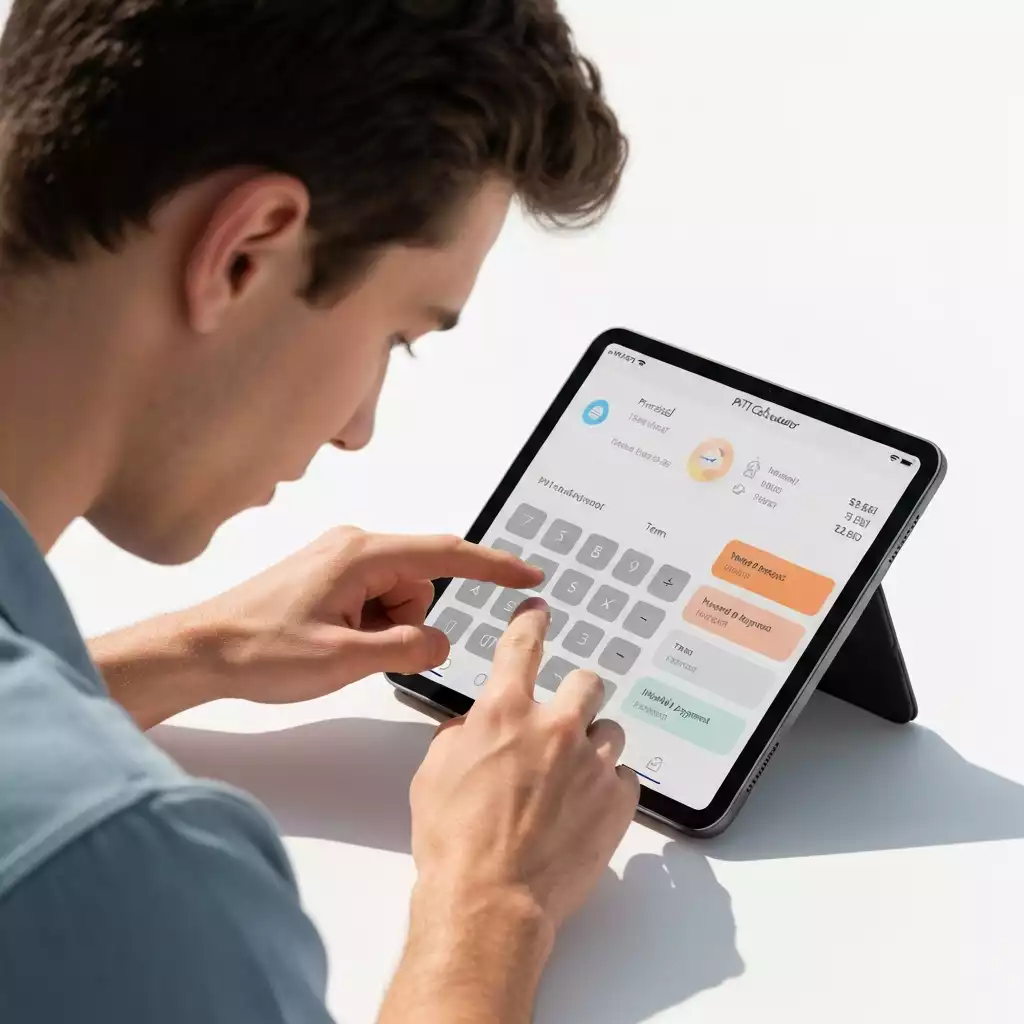 Person using a PITI calculator on a tablet, showing mortgage components