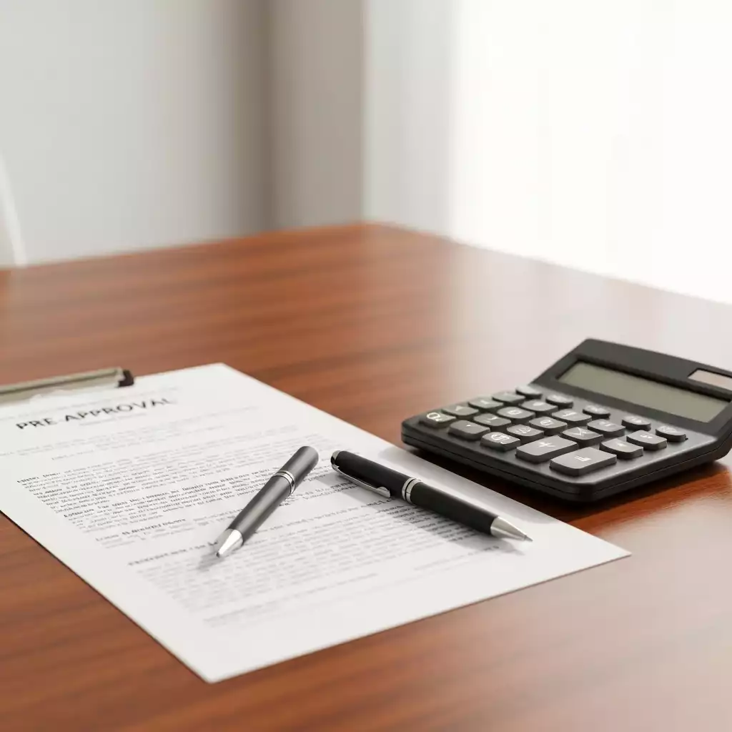 Close-up on a pre-approval document with a pen and a calculator on a desk, no text, no words, no typography, clean image