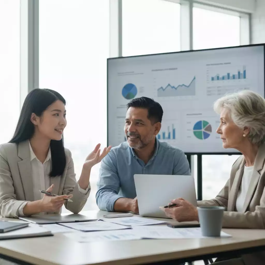 Diverse team collaborating on a real estate appraisal report, showing teamwork and growth