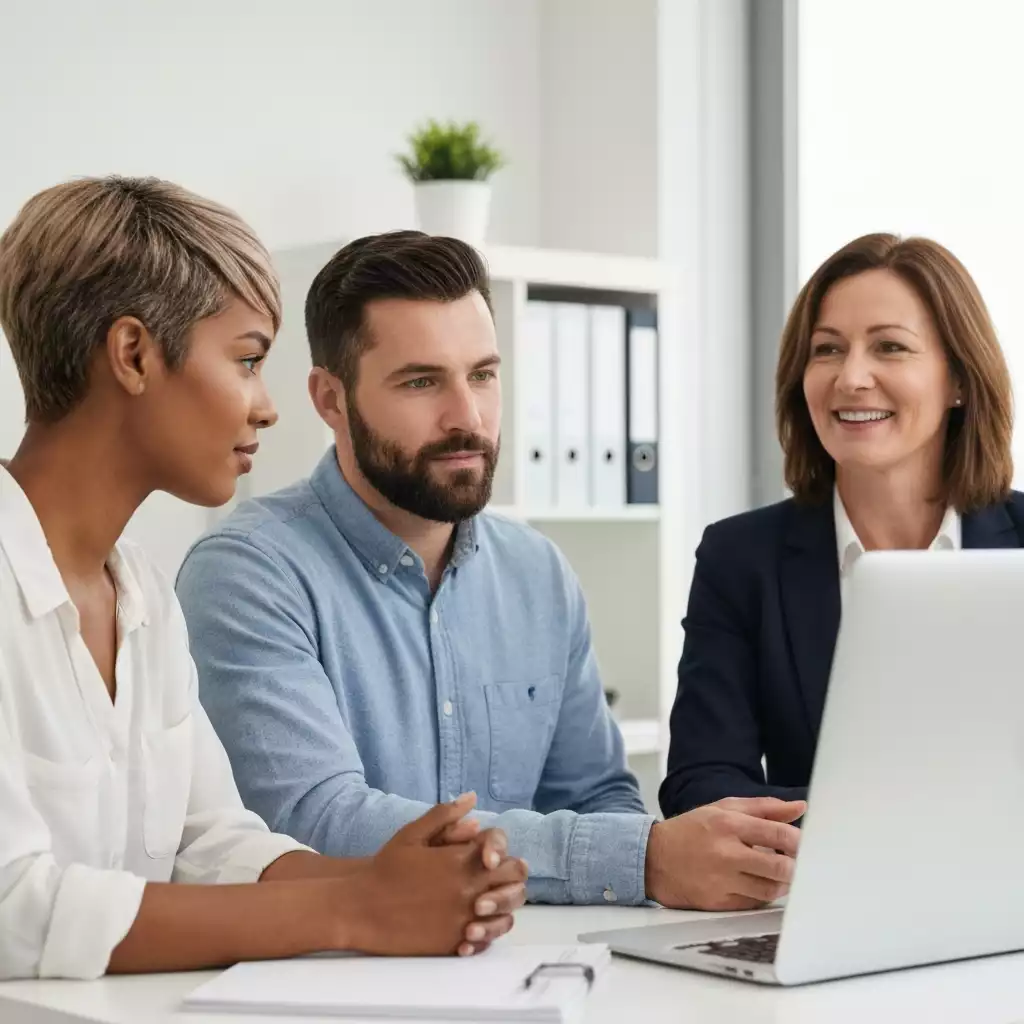 Couple reviewing financial documents with a mortgage advisor