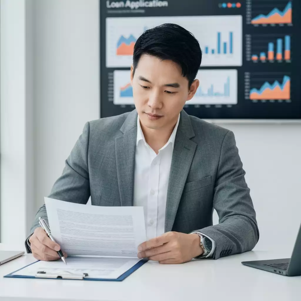 Person reviewing loan application documents on a modern desk, with financial charts in the background, no text, no words, no typography, 8K