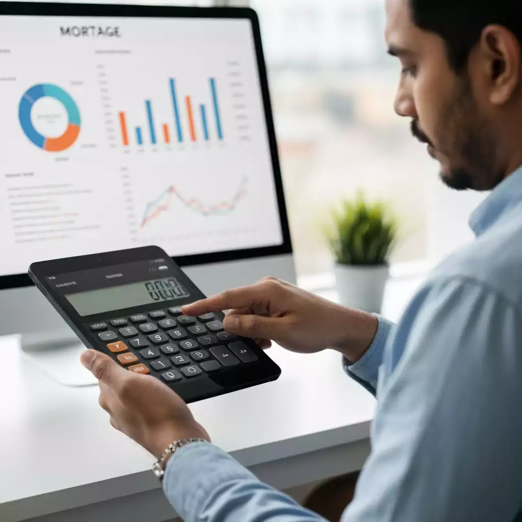 Person using a mortgage calculator on a tablet, with financial charts in the background