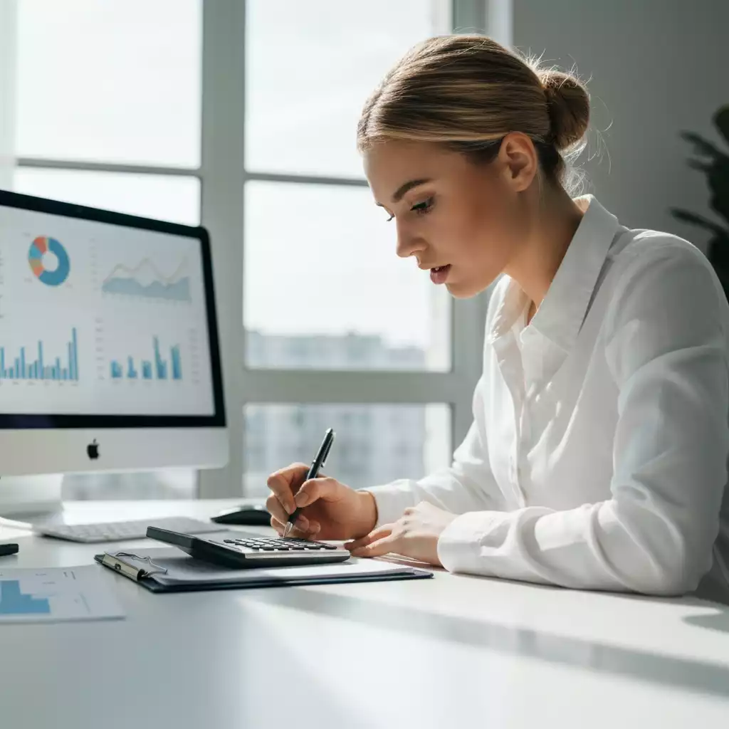 Person analyzing financial documents and calculator on a desk, representing interest calculations