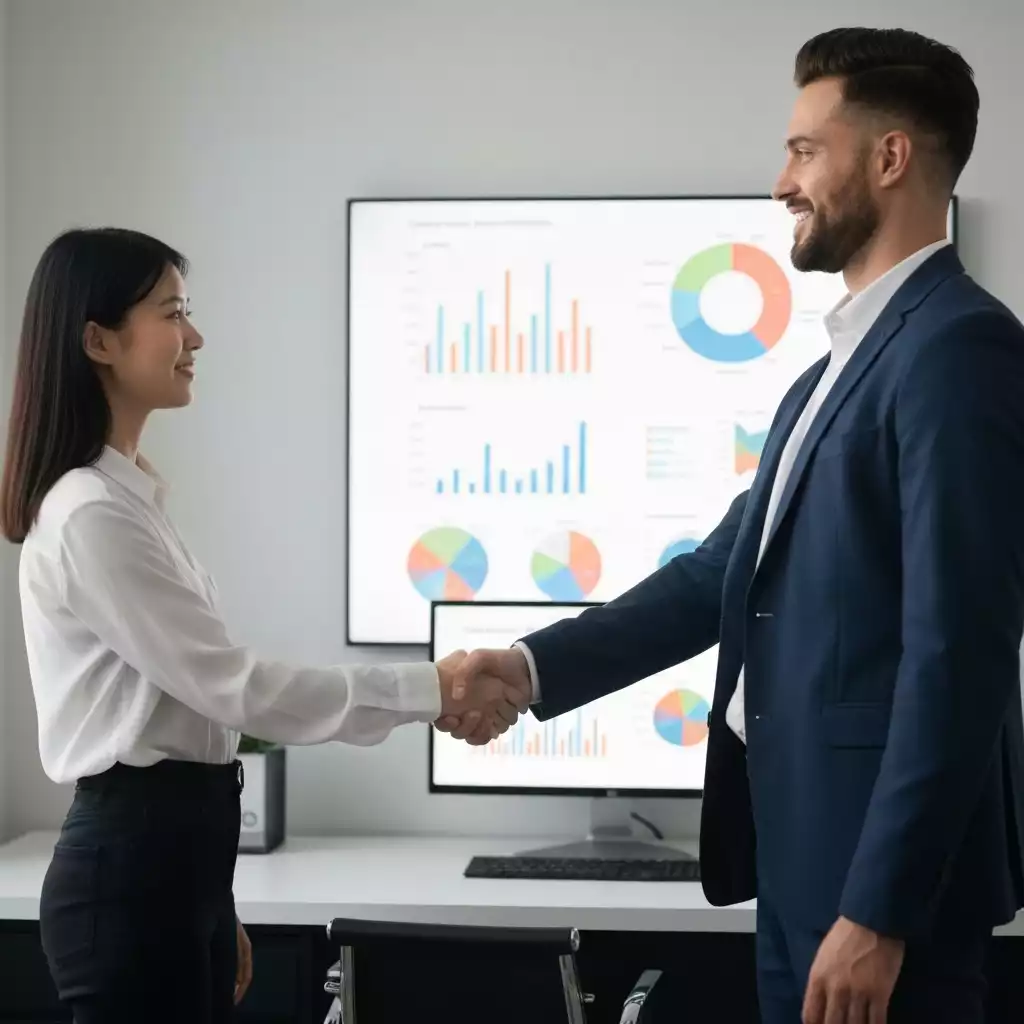 Diverse couple shaking hands with a financial advisor in a modern office setting, looking at financial charts on a screen