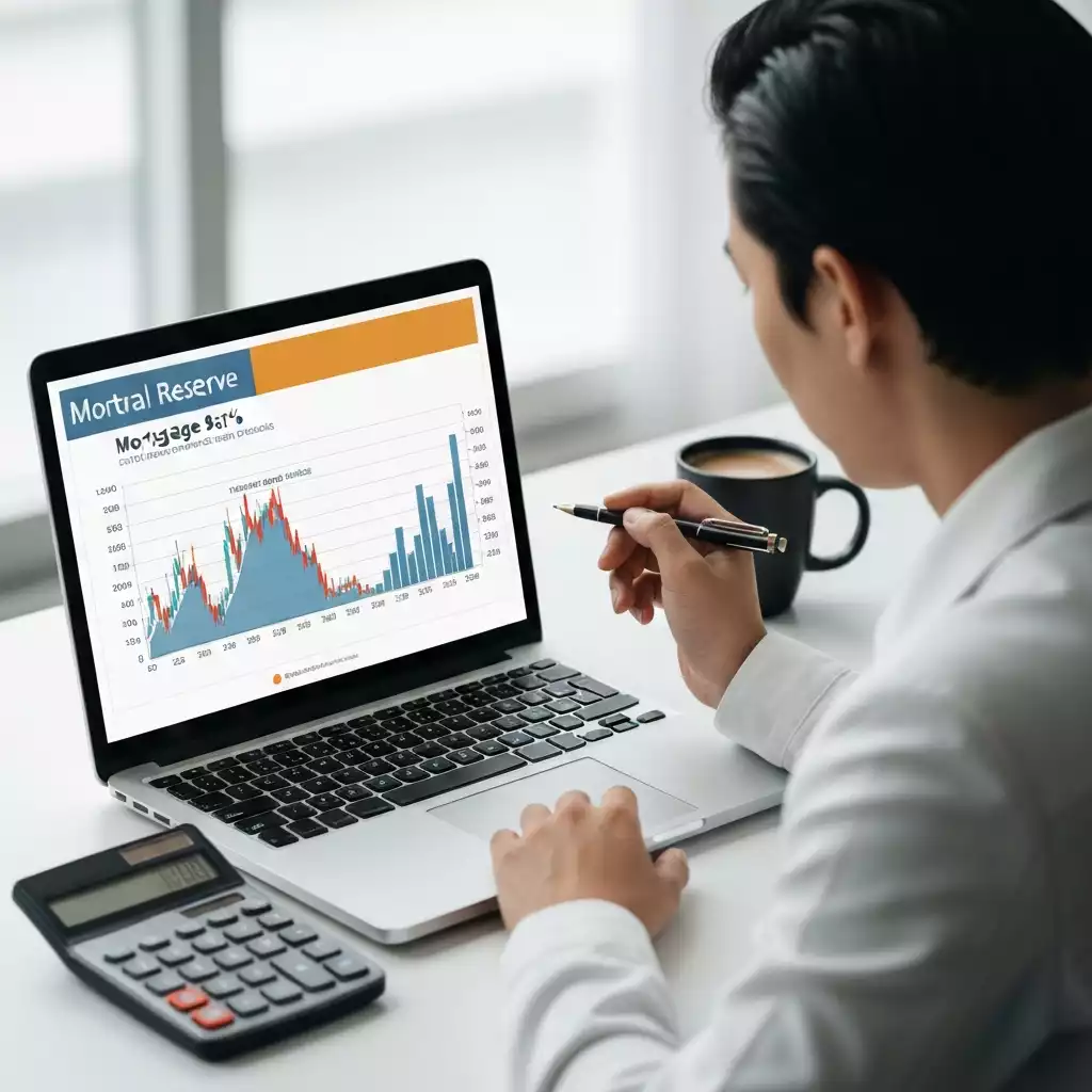 Person analyzing financial charts showing mortgage rates and Federal Reserve impact on a laptop, with a calculator and coffee on the table, no text, no words, no typography, 8K