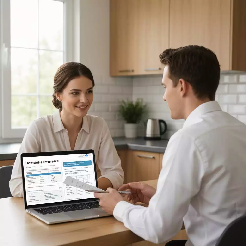 Couple discussing homeowners insurance documents at home