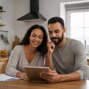 Couple in kitchen smiling while browsing on a tablet, engaging in online research or planning.