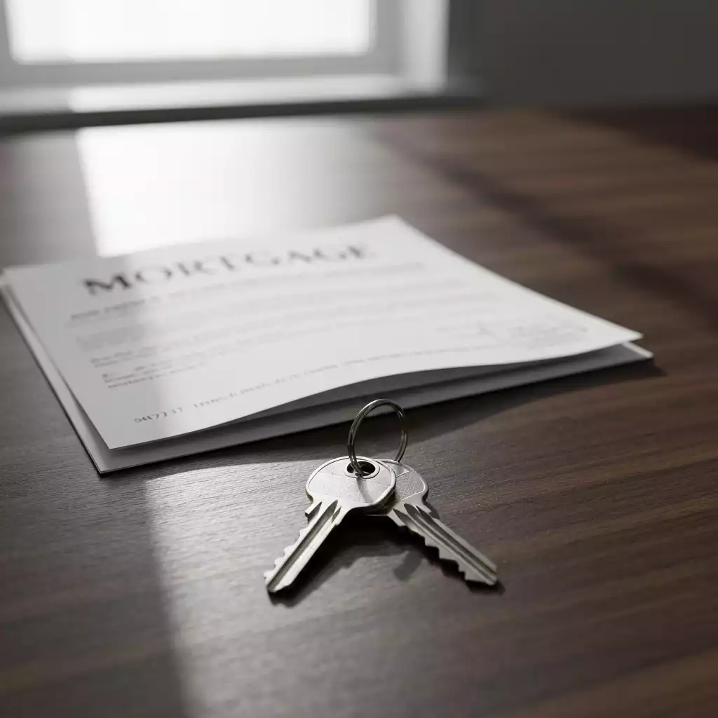 House keys with a mortgage document on a table, symbolizing homeownership, clean image, no text, no words, no typography