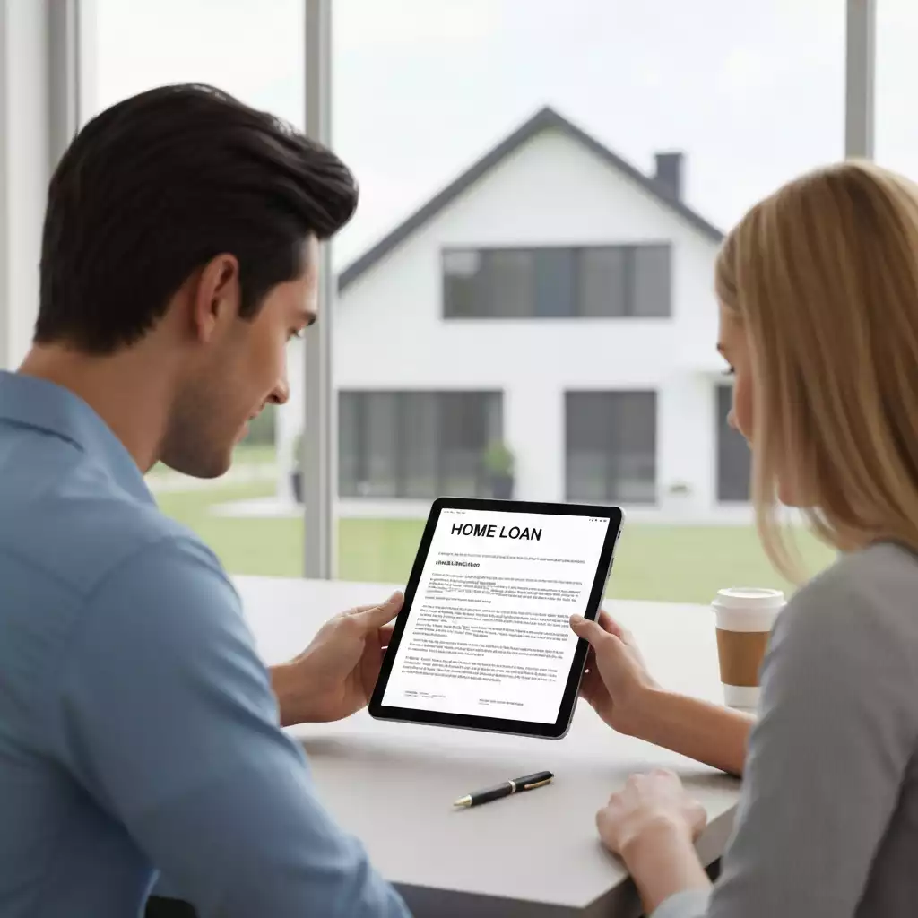 Couple reviewing home loan documents on a tablet with a house in the background, a pen and coffee cup on the table