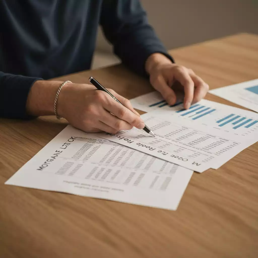 Person analyzing mortgage rate lock documents on a table