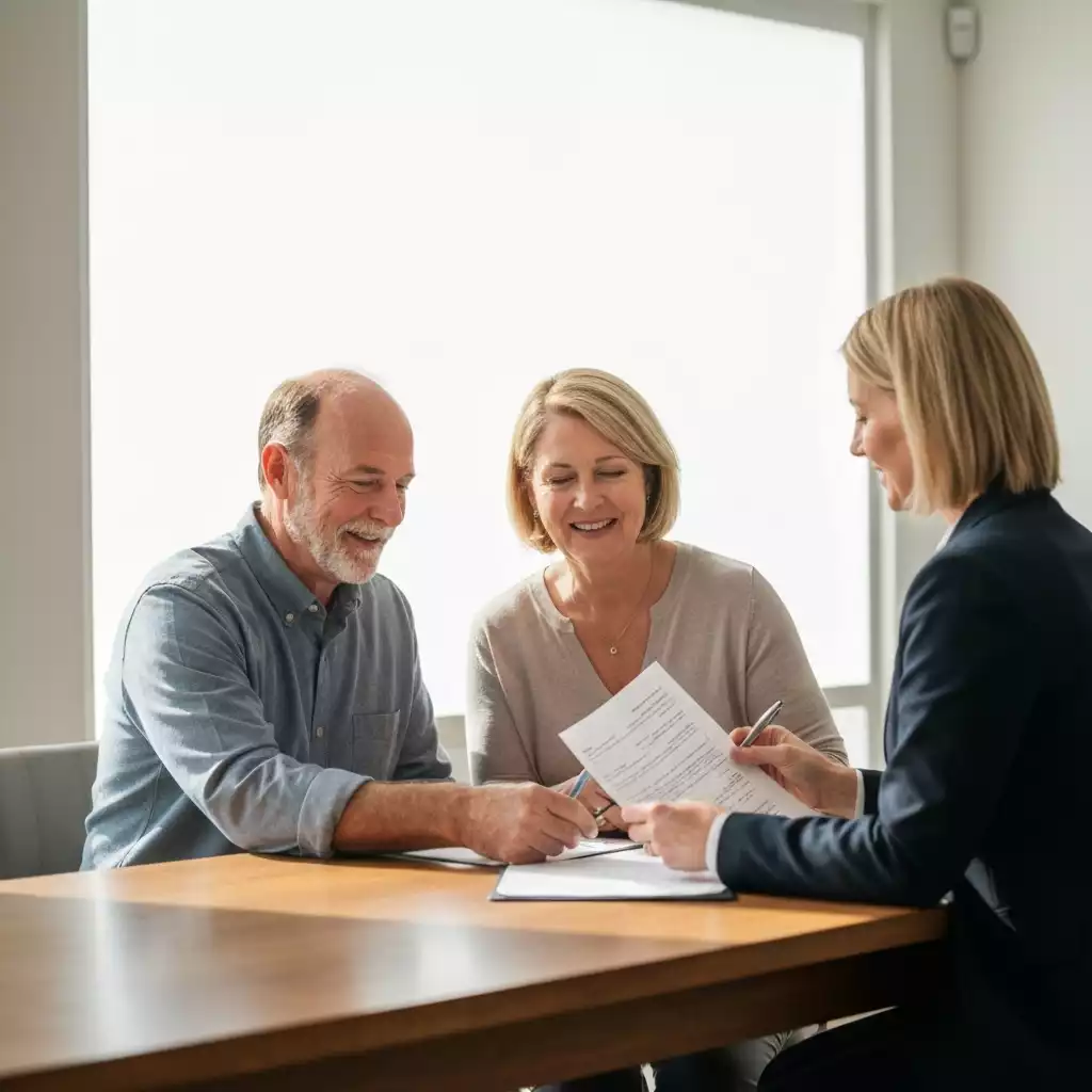 Couple reviewing home closing documents with a real estate agent