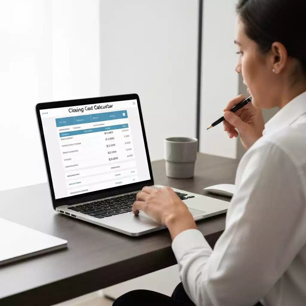 User interacting with an online closing cost calculator on a laptop, modern desk setup, no text, no words, no typography, 8K, soft lighting