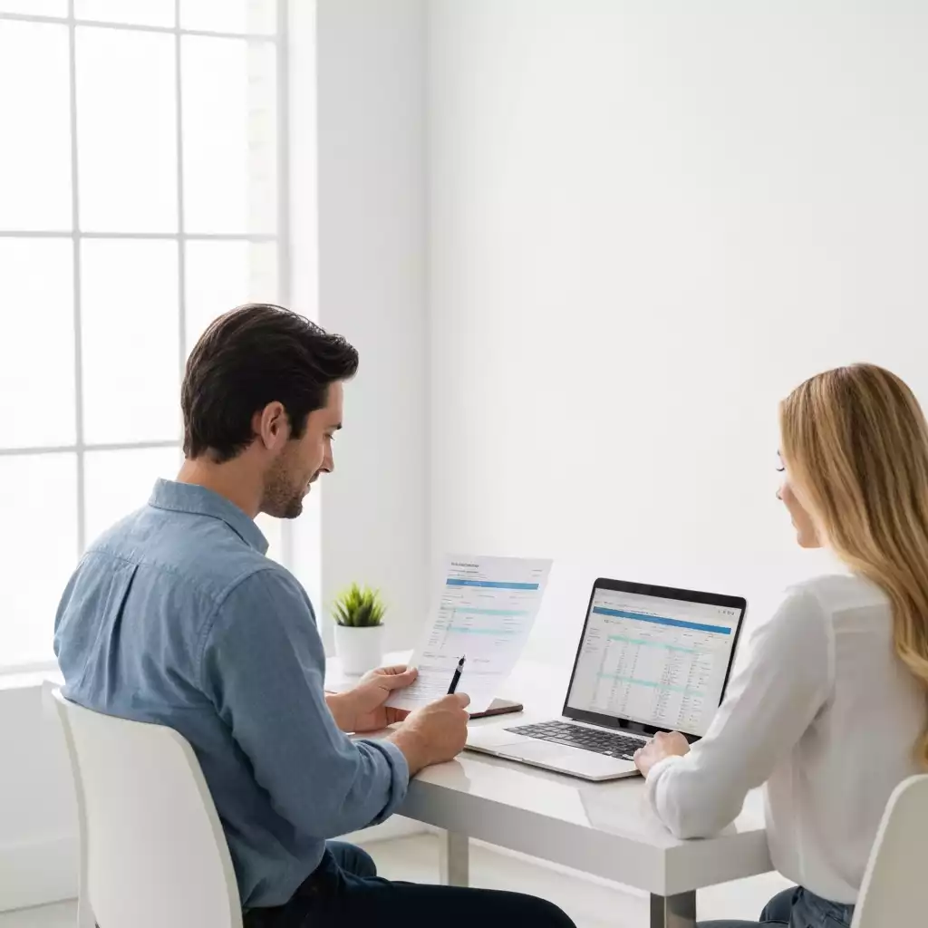 Couple reviewing home finance documents and planning, no text, no words, no typography, clean image