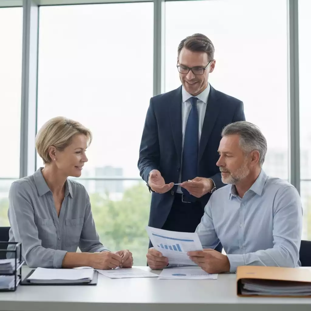 Financial expert explaining Federal Reserve policies to a couple looking at mortgage documents, in a modern office setting, no text, no words, no typography, 8K
